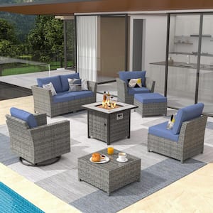 Bexley Gray 8-Piece Wicker Fire Pit Patio Conversation Seating Set with Denim Blue Cushions and Swivel Chairs