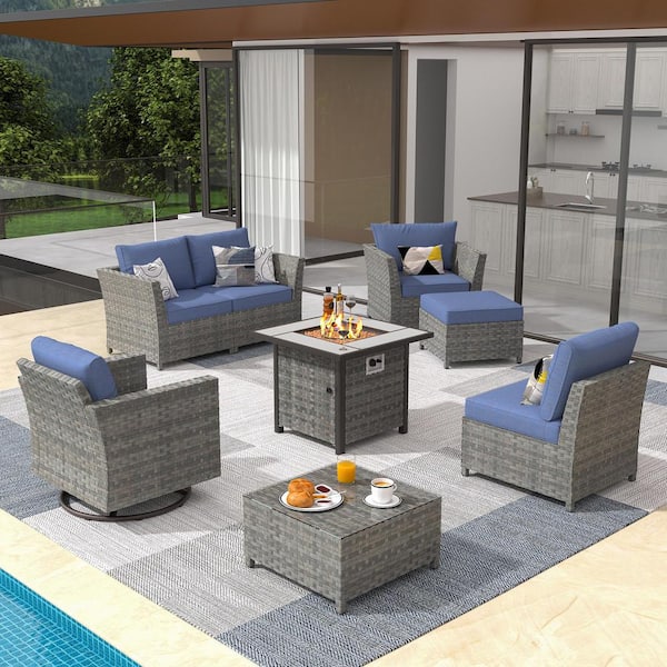 OVIOS Bexley Gray 8-Piece Wicker Fire Pit Patio Conversation Seating ...