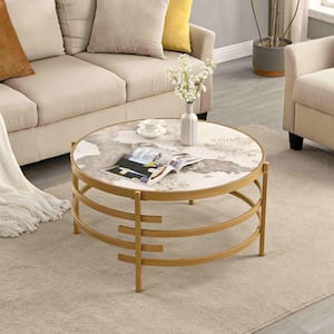32.48 in. Modular Round Coffee Table Pandora Sintered Stone Top with Sturdy Metal Golden Frame for Living Room