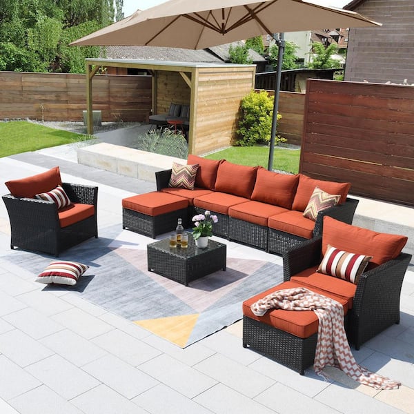 XIZZI Minerva Brown 9-Piece Wicker Outdoor Patio Conversation Sectional Sofa Set with Orange Red Cushions