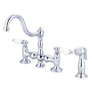 2-Handle Bridge Kitchen Faucet with Plastic Side Sprayer in Triple Plated Chrome