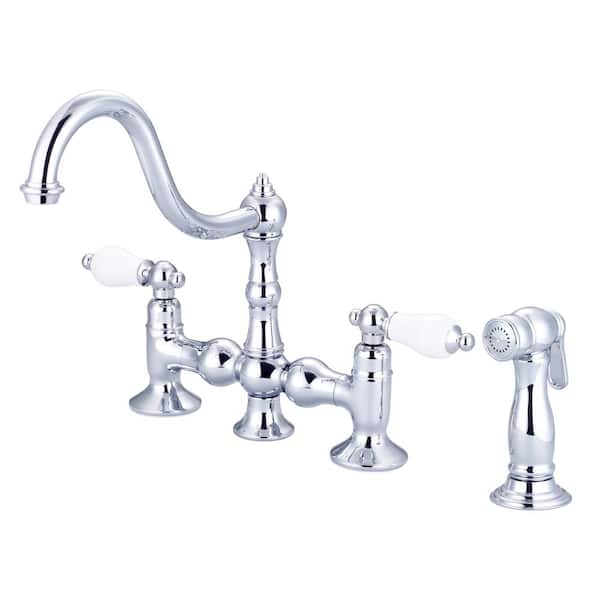 Water Creation 2-Handle Bridge Kitchen Faucet with Plastic Side Sprayer in Triple Plated Chrome