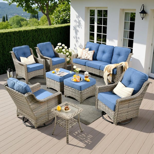 BlissHaven 8 Pieces Wicker Patio Conversation Seating Sofa Set with Diamond Blue Cushions and Swivel Rocking Chairs