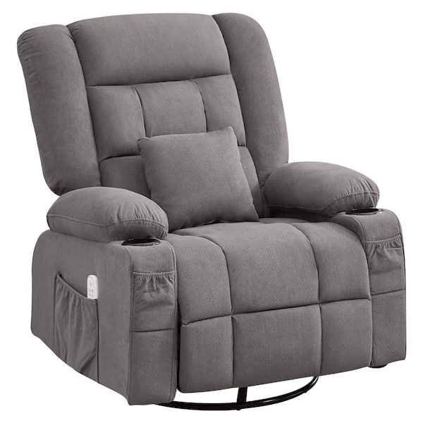 Gray 3D Kneading Massage Rocker Recliner with Heat, 150° Recline, 360° Swivel, Cup Holders and USB Port for Living Room
