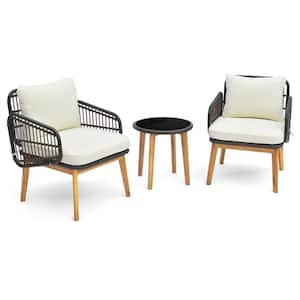 3-Piece Patio Conversation Set with Off White Cushions and Tempered Glass Side Table