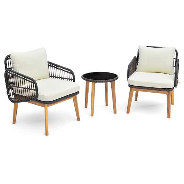 Costway 3-Piece Patio Conversation Set with Off White Cushions and Tempered Glass Side Table