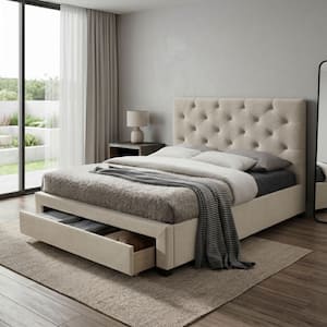 Stevies Beige Full Upholstered Wood Frame Platform Bed With Foot Drawer