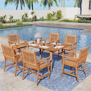 Brown 7-Piece Outdoor Patio Dining Set With Acacia Rectangular Table and Acacia wooden Chairs