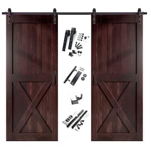 60 in. x 84 in. X-Frame Red Mahogany Double Pine Wood Interior Sliding Barn Door with Hardware Kit, Non-Bypass