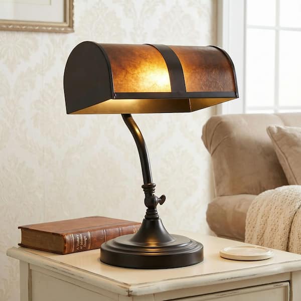 14 in. Metal Dark Brown Bankers Table Lamp with Shade