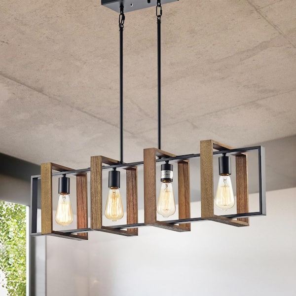 Elk 4-Light Matte Black and Wood Modern Farmhouse Linear Chandelier