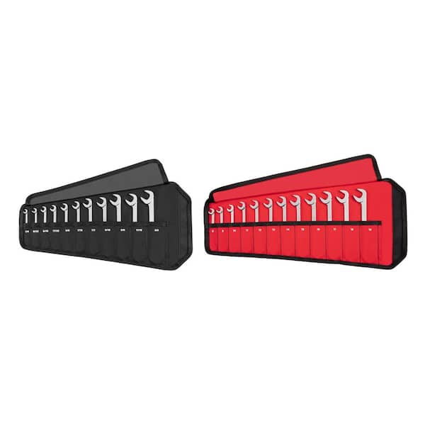 TEKTON 1/4 - 3/4 in., 8 - 19 mm Angle Head Open End Wrench Set with Pouch (23-Piece)