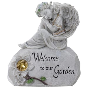 9.25 in. Gray Solar Powered in Welcome to Our Garden in Angel Outdoor Garden Statue