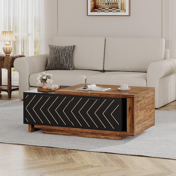 BYBLIGHT Allan 42.12 in. W Rustic Brown and Black Rectangle Wood Coffee Table with Adjustable Tabletop for Living Room