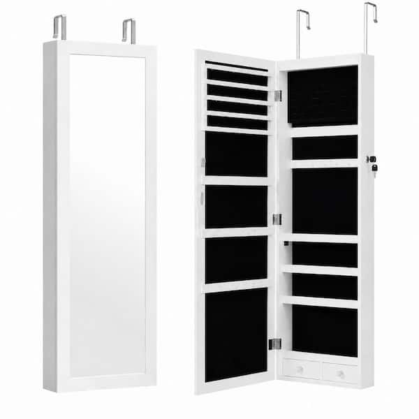 White MDF Jewelry Armoire 16 in. W Full Length Mirror Wall Mounted or Over Door with LEDs and Lock