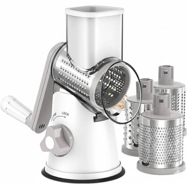 White Rotary Cheese Grater with Stainless Steel Blades for Fast Slicing Shredding Vegetables and Nuts