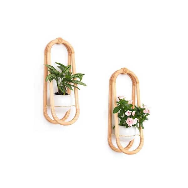 21 in. x 7 in. Brown Wood Wall Planters for Indoor with Ceramid Pot 2-Pack