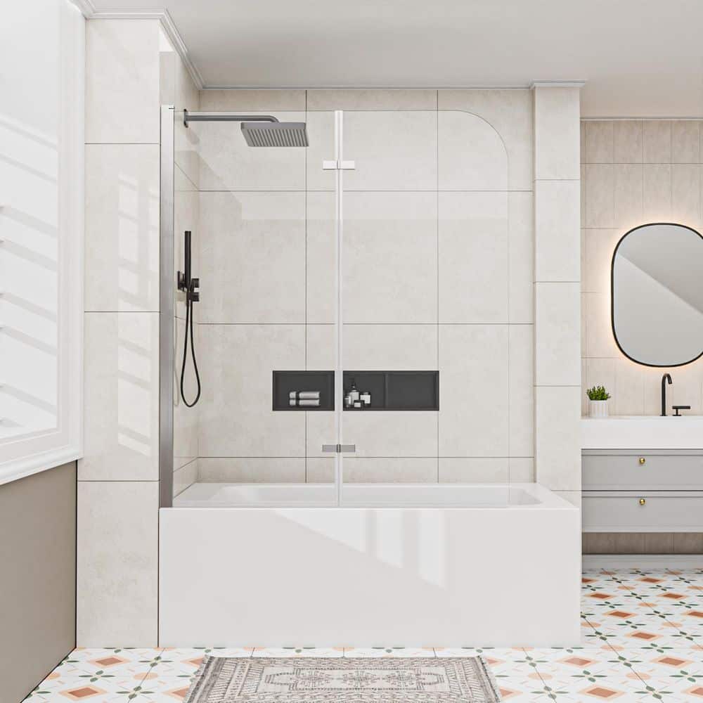 50 in. W x 58 in. H Pivot Hinged Frameless Bi-Fold Bathtub Shower Door in Chrome with Clear Glass price history on PriceWatchPro