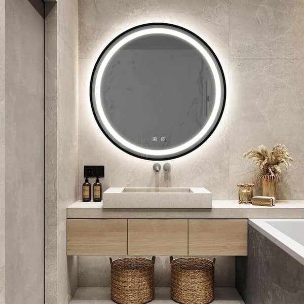 32 in. W x 22 in. H Round Black Frame Wall Mounted Led Classy Bathroom Vanity Mirror in Silver with Anti-Fog