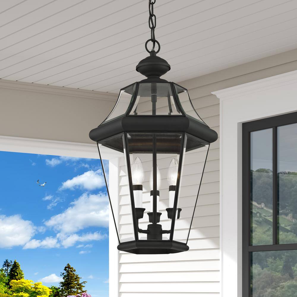 Georgetown Classic Black Brass 3-Light Outdoor Pendant with Clear Beveled Glass