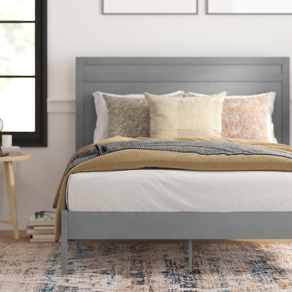 Gray Wood Frame Full Platform Bed with Solid Wood