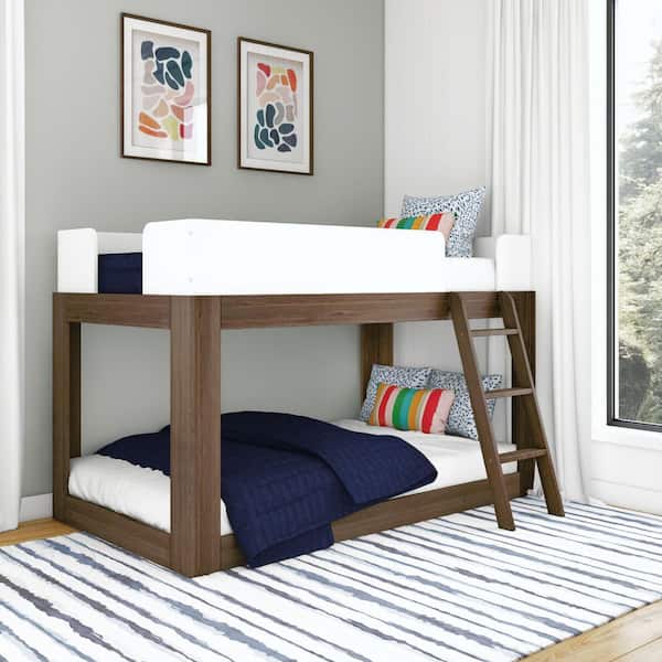 White and Blonde Twin Over Twin Mid-Century Modern Low Bunk Bed