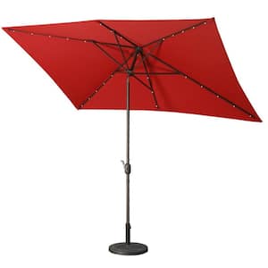 10 Ft Patio Red Polyester Adjustable Umbrella With Solar Lights for Garden Outdoor