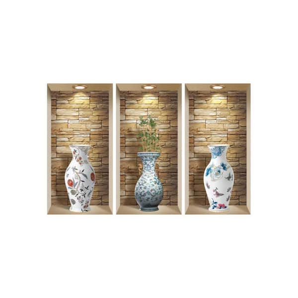8 in. x 16 in. Brown, Green Faux Niche Peel and Stick Wall Art 3-Piece