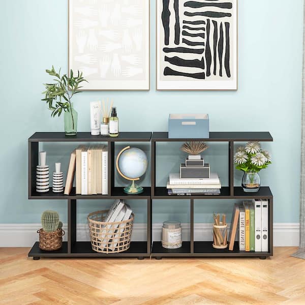 Costway Black 2-Tier 24 in. H Engineered Wood Bookshelf Free Standing Wooden Display S-Shaped Shelf Storage Rack