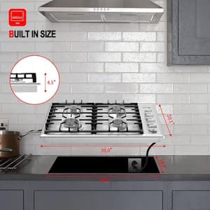 30 in. Recessed Gas Cooktop in Stainless Steel in Black with 4-Burner Including LPG Conversion Kit
