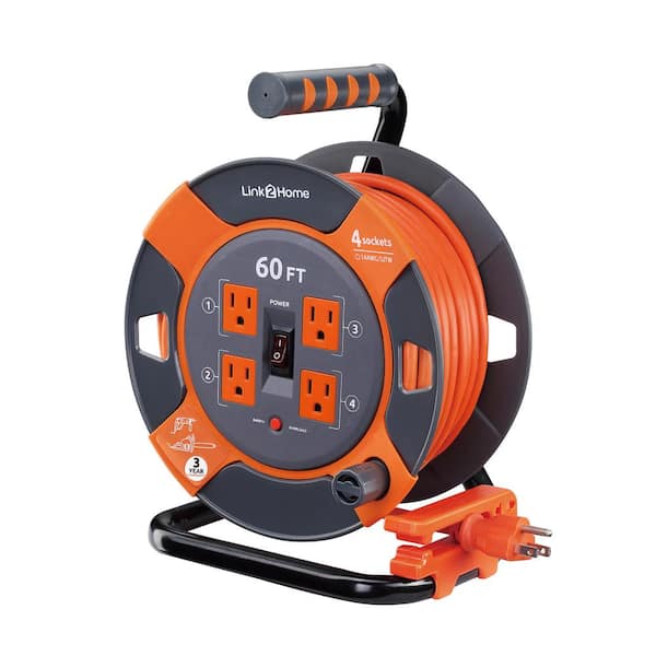 Link2Home 60 ft. 14/3 Extension Cord Storage Reel with 4 Grounded Outlets and Surge Protector