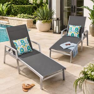 Aluminum Outdoor Lounge Chair 5-Position Adjustable Backrest Pool Recliner Beach Chair w/ Mesh Design in Gray Set of 2