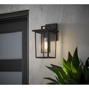 Keswick 12.5 in. Modern 1-Light Matte Black Hardwired Outdoor Wall Light Lantern Sconce with Clear Glass