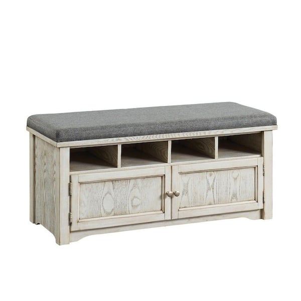 Benjara Spacious White and Gray Wooden Shoe Bench with Linen Upholstered Cushioned Seat 42" L x 16" W x 19" H