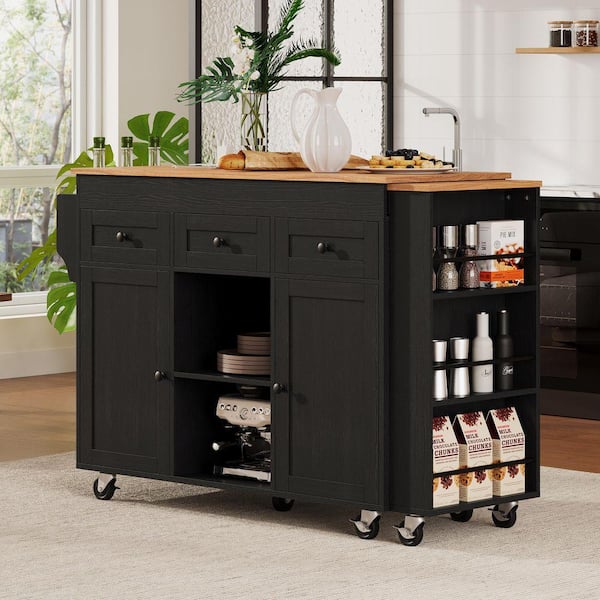 Rolling Black Extendable Dining Tabletop 85.5 in. Kitchen Island with Power Outlet, Side Open Shelves