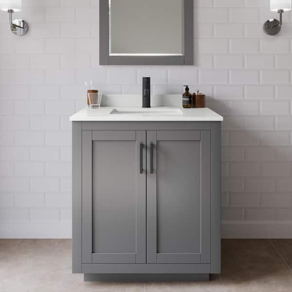 Wyndham Collection Miranda 30 in. W x 22 in. D x 33.75 in. H Single Bath Vanity in Dark Gray with White Quartz Top and 24 in. Mirror
