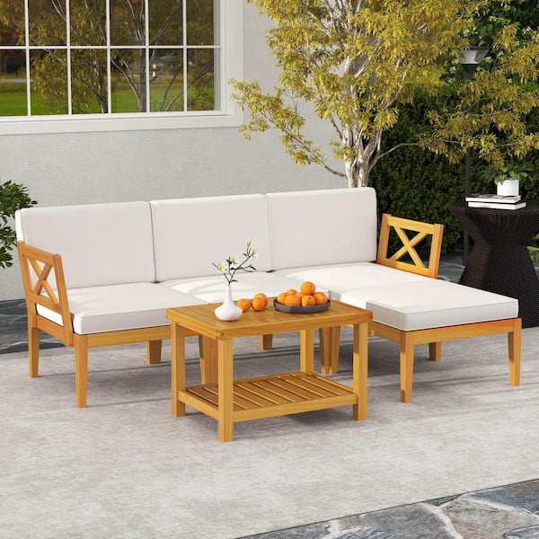 5-Piece Acacia Wood Patio Conversation Set with 2-Tier Coffee Table and White Cushions