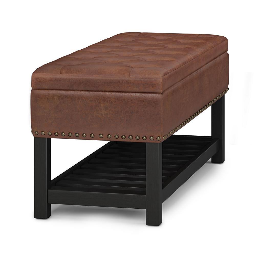 Distressed Saddle Brown Tufted Faux Leather Storage Bench