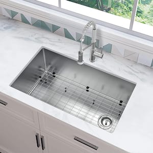 Tight Radius 31 in Undermount Single Bowl 18 Gauge Stainless Steel Kitchen Sink with Spring Neck Faucet