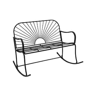 38.2 in. W 2-Person Seating Black Metal Sun-Patterned Indoor/Outdoor Rocking Patio Glider