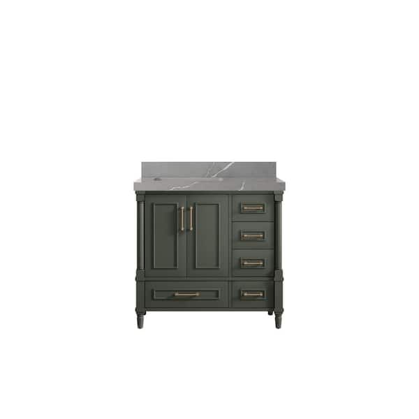Willow Collections Hudson 36 in. W x 22 in. D x 36 in. H Left Offset Sink Bath Vanity in Pewter Green with 2 in. Piatra Gray Quartz Top