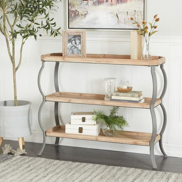 Litton Lane 39 in. Brown Extra Large Rectangle Wood 2 Shelves Console Table with Bowed Grey Metal Legs
