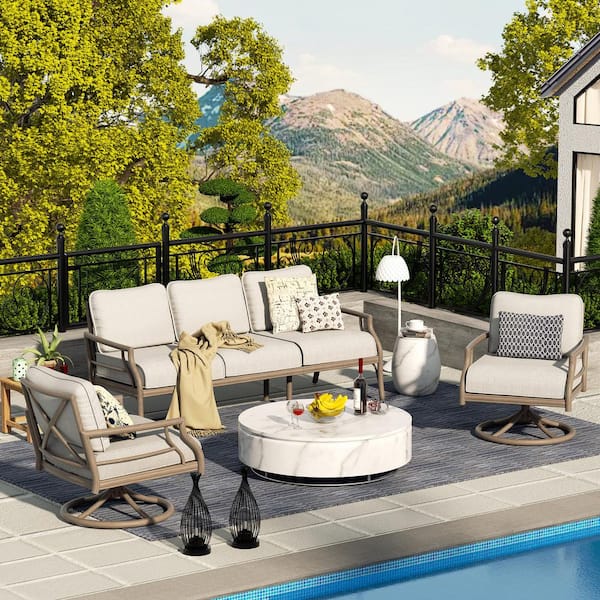 PEAK HOME FURNISHINGS Lamando 3-Piece Aluminum Patio Outdoor Swivel Conversation Set with Light Mixed Gray Cushions Sofa