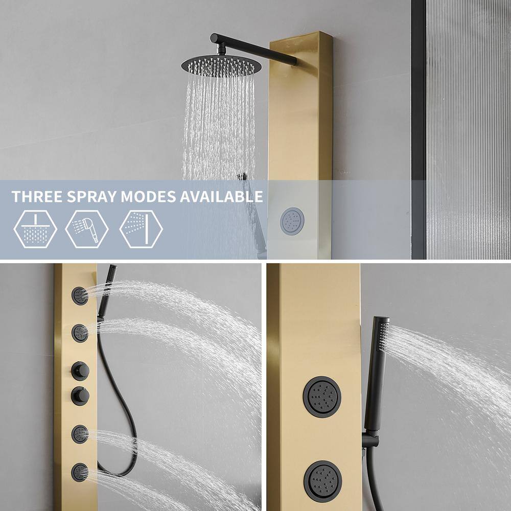 Gold and Black Stainless Steel Shower Panel System with Rainfall Showerhead