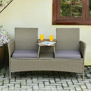 2-Person Rattan Patio Conversation Set with Coffee Table and Gray Cushion