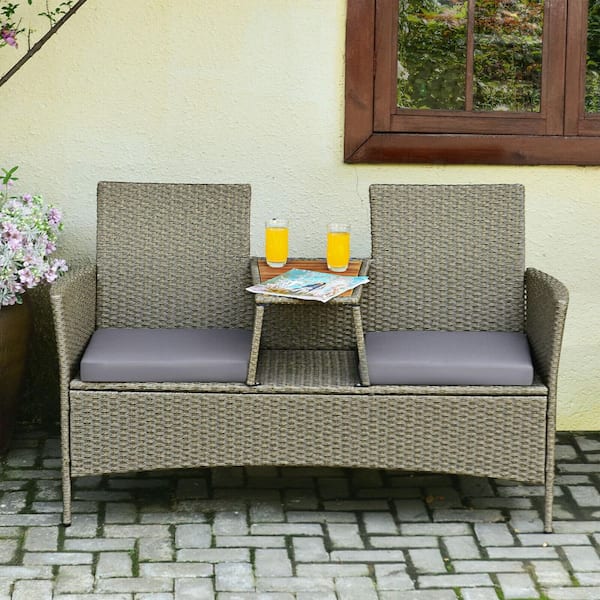 SUNRINX 2-Person Rattan Patio Conversation Set with Coffee Table and Gray Cushion