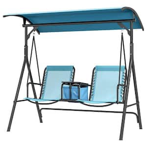 2-Person Black Metal Patio Swing with Blue Bungie Seat Suspension, Pivot Storage Table, Cup Holder, Adjustable Shade