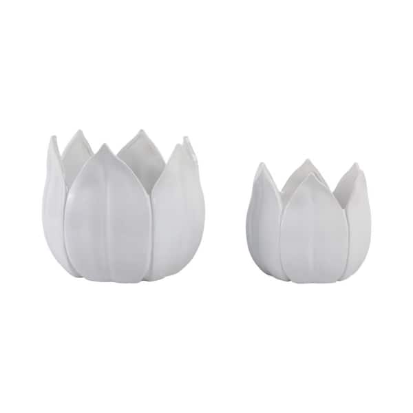 9 in. and 12 in. White Ceramic Tulip Petal Design Decorative Planters (Set of 2)