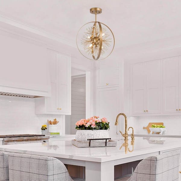 Modern Transitional Semi-Flush Mount Light, 4-Light Gold Farmhouse Globe Globe Island Ceiling Light with Crystal Beads