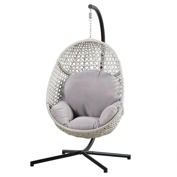 Zeus & Ruta 40 in. Width x 76 in. Height Large Gainsboro Wicker Porch Swing Egg Chair with Stand and Light Gray Cushion for Garden